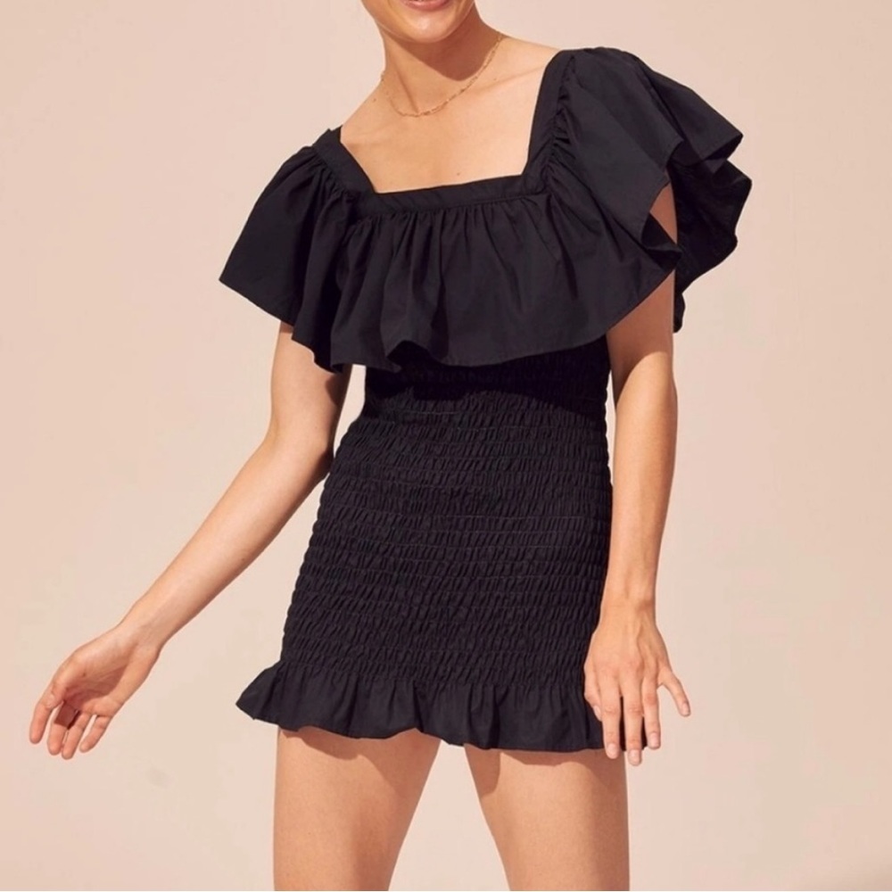 SOLID & STRIPED Smocked Ruffle Dress‎ in Black Poplin NWT